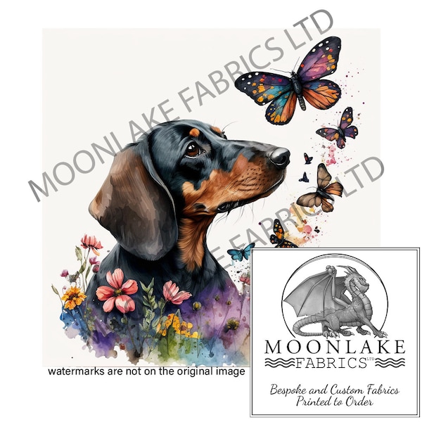 Dachshund and Butterflies 100% Natural Cotton or 290gsm thick soft Polyester Fabric Panel Squares