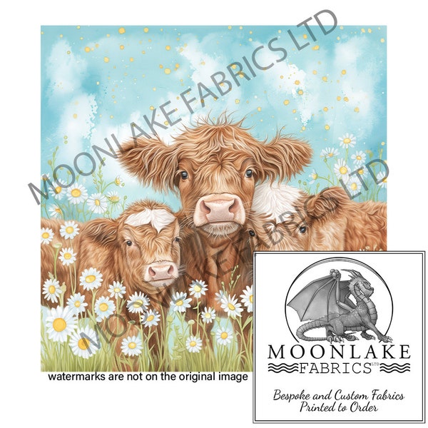 Highland Cow Trio with Daisies 100% Natural Cotton or 290gsm thick soft Polyester