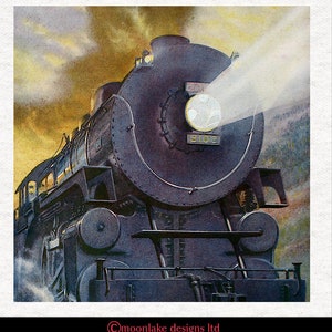 May include: A close-up of a vintage steam locomotive with a bright headlight shining in the distance. The locomotive is painted a dark grey colour and has the number 2102 on the front. The locomotive is surrounded by a hazy, golden sky.