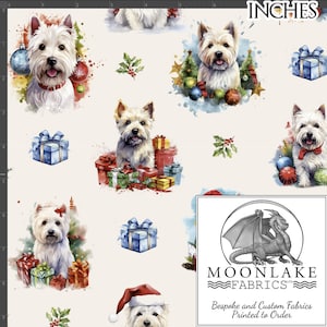 Christmas West Highland Terrier Dogs , Fabric 100% Natural Cotton 130 gsm - Size: 111.39cm wide (44 inches)