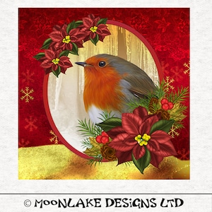 Robin with Poinsettia Art Fabric,  Fabric Craft Panels 100% Cotton or Polyester