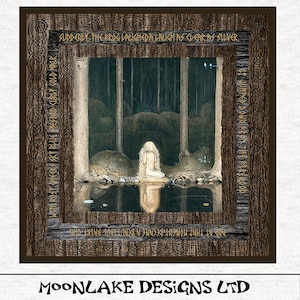 May include: A painting of a woman kneeling by a lake in a dark forest. The woman has long, flowing hair and is wearing a white dress. The lake is dark and still, and the trees are tall and slender. The painting is framed in a wooden frame with a decorative border.