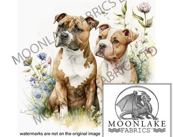 Staffordshire Bull Terriers in Flowers 100% Natural Cotton or 290gsm thick soft Polyester Fabric Panel Squares