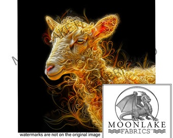 May include: A digital illustration of a lamb with a golden glow. The lamb's face is visible, and the fur is detailed with intricate swirls and lines. The background is black.