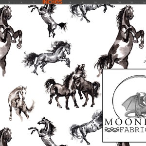 May include: White fabric with a repeating pattern of watercolor-style horses in shades of gray and black. The horses are depicted in various poses, including rearing up and galloping. The Moonlake Fabrics logo is in the lower right corner.