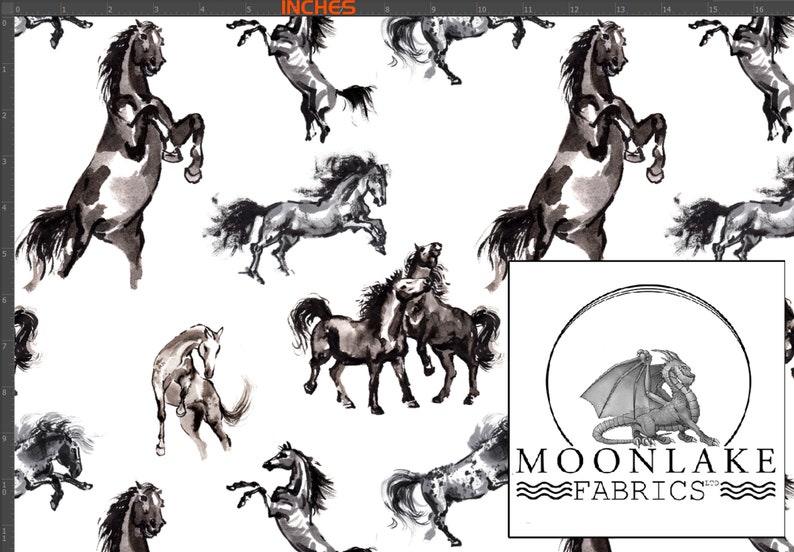 May include: White fabric with a repeating pattern of watercolor-style horses in shades of gray and black. The horses are depicted in various poses, including rearing up and galloping. The Moonlake Fabrics logo is in the lower right corner.