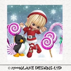 Elf and Penguin, Winter Holiday Fun , Fabric Craft Panels 100% Cotton or Polyester