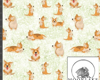 Cani Corgi su damasco, schizzo ad acquerello Tessuto popeline di cotone 100% di qualità Dimensioni: 111,39 cm di larghezza (44 pollici)