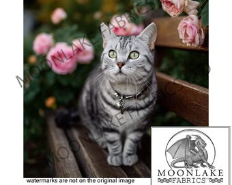 Silver Tabby Cat Rose Bench Fabric Craft-paneel in katoen of polyester Verschillende maten beschikbaar