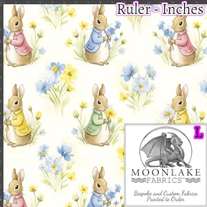 May include: Fabric with a repeating pattern of bunnies in pastel jackets holding flowers, set against a backdrop of blue and yellow floral elements. The image includes the text "Ruler - Inches" and a logo with a dragon and the text "Moonlake Fabrics".