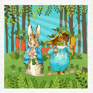 May include: A cartoon illustration of a rabbit and a cat wearing blue overalls and holding carrots in a garden setting. The background features a blue sky, green trees, and a field of carrots.