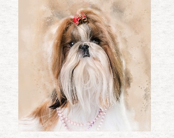 Shih Tzu, Aquarela com Salpicos Grunge, Tecido Artístico. Painel de Tecido | Costura | Artesanato | Painéis de Tecido Estampados
