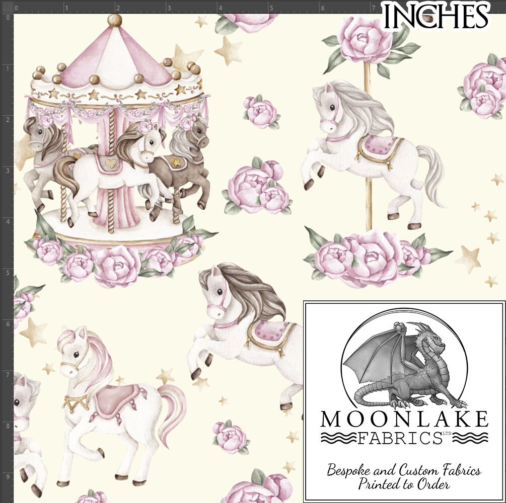 Pink Carousel Roses Carousel and Roses in Pinks 100% Light Cotton 130gsm Poplin Fabric ...