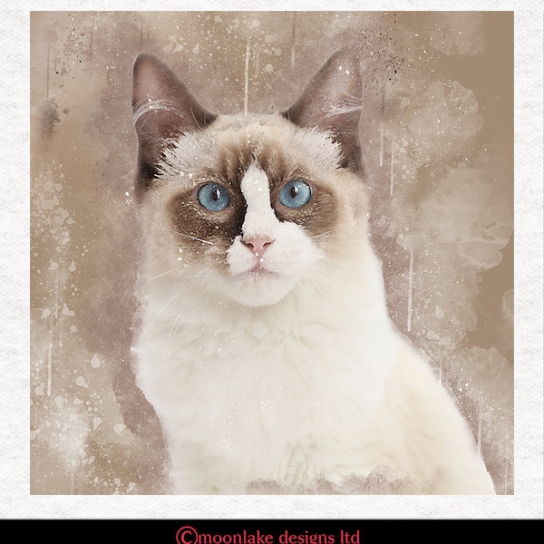 Ragdoll Cat Fabric Panel, Watercolour Grunge Fabric Craft Panels in 100% Cotton or Polyester