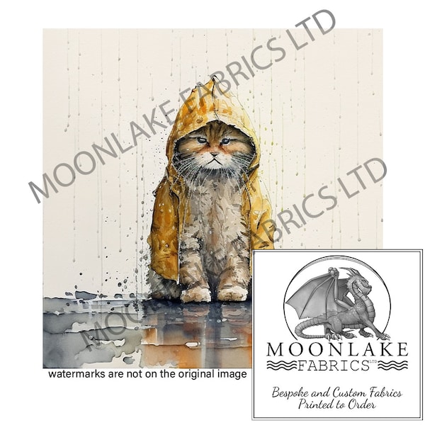 Cat in a rain coat 100% Natural Cotton or 290gsm thick soft Polyester Fabric Panel Squares