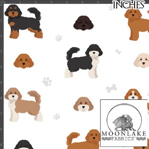 May include: A white fabric with a repeating pattern of brown, black, and tan doodle dogs. The dogs are in various poses, including standing, sitting, and lying down. The fabric also features paw prints and bone shapes.