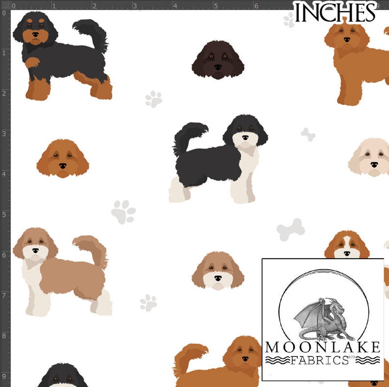 May include: A white fabric with a repeating pattern of brown, black, and tan doodle dogs. The dogs are in various poses, including standing, sitting, and lying down. The fabric also features paw prints and bone shapes.