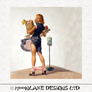 Vintage Pin-Up-Girl, The Bus Stop,   Fabric Panel | | Sewing | Craft | Printed Fabric Panels -  100% polyester washable