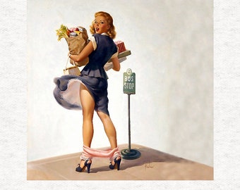 Vintage Pin-Up-Girl, The Bus Stop,   Fabric Panel | | Sewing | Craft | Printed Fabric Panels -  100% polyester washable