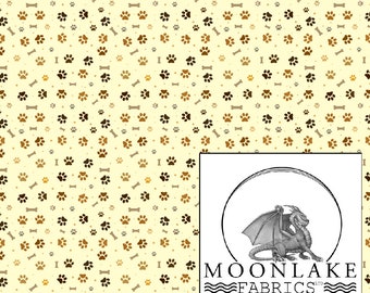 Dog Paw Prints With Bones In Cream and Browns 100% Cotton 130gsm Size: 111.39cm wide (44 inches)