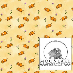 Highland Cow, Sleepy Cow Fabric 100% Cotton 130gsm Poplin - Size: 111.39cm wide (44 inches)