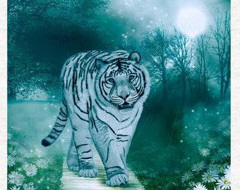 Tigre de fantasía, azul. Paneles de tela para manualidades en 100% algodón o poliéster.