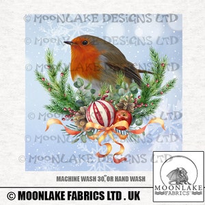 Robins On Holiday Wreath  Fabric Craft Panels in 100% Cotton or Polyester