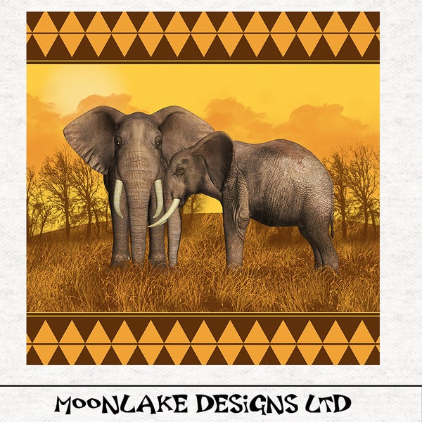 African Elephants  scene.   | |Fabric Craft Panels 100% Cotton or Polyester