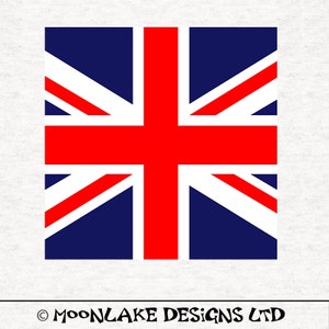 Peut inclure: Un drapeau britannique, appelé Union Jack, avec une croix rouge sur fond bleu et des lignes diagonales blanches. Le drapeau est de forme carrée.