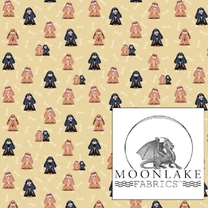 Könnte beinhalten: Ein nahtloses Muster mit einem sich wiederholenden Design von braunen und schwarzen Cavalier King Charles Spaniel Hunden auf einem hellgelben Hintergrund mit weißen Knochenformen.