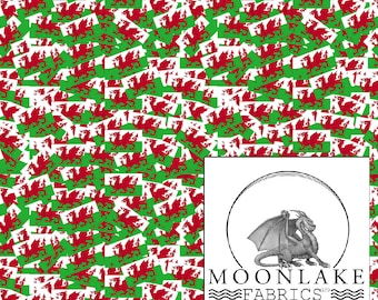 Welsh Flag Tossed All Over Pattern, Fabric 100% Cotton 130gsm Poplin - Size: 111.39cm wide (44 inches)