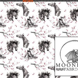 May include: White fabric with a repeating pattern of watercolor-style horse heads and cherry blossoms. The horses are in shades of gray and black, and the blossoms are red. The fabric has the Moonlake Fabrics logo.