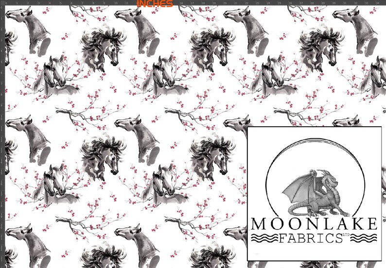 May include: White fabric with a repeating pattern of watercolor-style horse heads and cherry blossoms. The horses are in shades of gray and black, and the blossoms are red. The fabric has the Moonlake Fabrics logo.