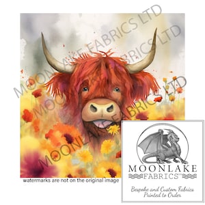Highland Cow Peeping Through Flowers 100% Natural Cotton or 290gsm thick soft Polyester Fabric Panel Squares