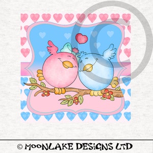 Love Birds dibujos animados, rosa, azul / tela paneles artesanales 100% algodón o poliéster