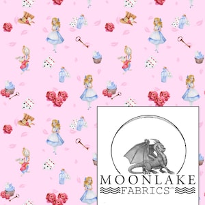 Alice In Wonderland Rose Hat Rabbit and Elements Repeat Fabric 100% Cotton 130gsm Poplin