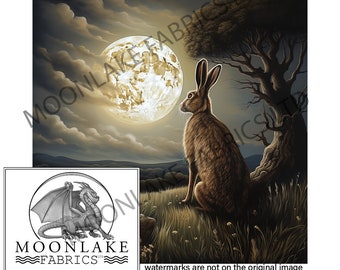 Puede incluir: Ilustración de una liebre marrón sentada en una colina cubierta de hierba, mirando una luna llena en un cielo nocturno nublado. Un gran árbol está a la derecha de la liebre. La imagen tiene un tema de fantasía. El logotipo de Moonlake Fabrics está en la esquina inferior izquierda.