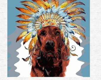 Red Setter Pop Art Style, with headress.  Fabric Panel | | Sewing | Craft | Printed Fabric Panels
