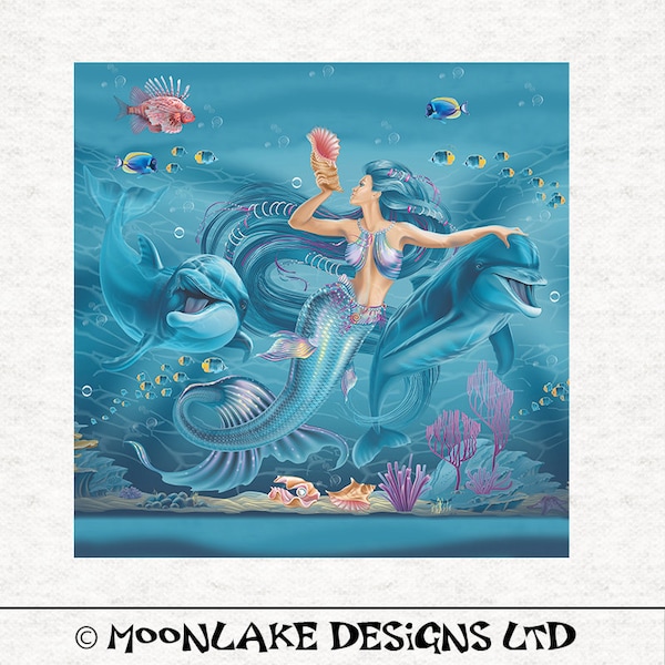 Mermaid & Dolphin ,underwater scene. Fabric Craft Panels in 100% Cotton or Polyester