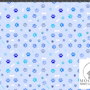Dog Paw Prints With Bones In Blended Blues 100% Cotton 130gsm Size: 111.39cm wide (44 inches)
