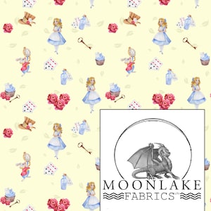 Alice In Wonderland Rose Hat Rabbit and Elements Pale Lemon Repeat Fabric 100% Cotton 130gsm Poplin