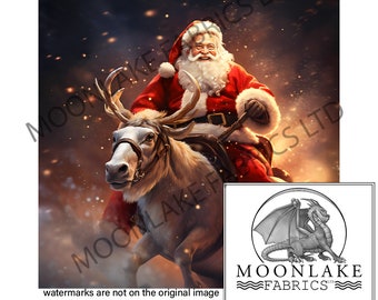 May include: Santa Claus riding a reindeer through a snowy night. The reindeer is white with brown antlers and a brown harness. Santa is wearing a red suit with a white trim and a white beard. The background is a dark blue with white snowflakes.