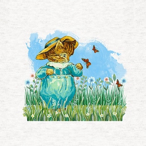 May include: A watercolor illustration of a cat wearing a yellow hat and blue overalls standing in a field of green grass with flowers and butterflies. The cat is looking to the right and the butterflies are flying in the air.
