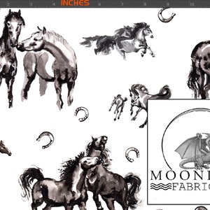 May include: White fabric with a repeating pattern of watercolor-style horses in shades of black and gray. The design includes horses in various poses, horseshoes, and the Moonlake Fabrics logo.
