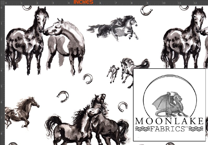 May include: White fabric with a repeating pattern of watercolor-style horses in shades of black and gray. The design includes horses in various poses, horseshoes, and the Moonlake Fabrics logo.