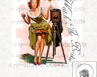 Vintage Pin-Up-Girl, "Watch the birdie".  Fabric Panel | | Sewing | Craft | Printed Fabric Panels -  100% polyester washable