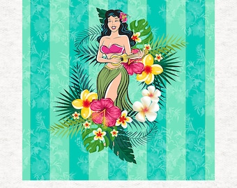 May include: A colorful illustration of a woman playing a ukulele in a tropical setting. She is wearing a green grass skirt and a pink top. The background is a turquoise and white striped pattern with tropical flowers and leaves.