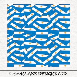 May include: A repeating pattern of the Argentinian flag, featuring light blue and white stripes with a gold sun in the center. The design is a collage of the flag's elements, creating a textured effect. The text "© MOONLAKE DESIGNS LTD" is at the bottom.