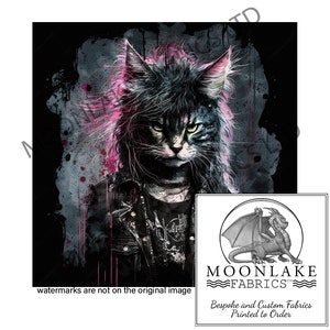 Cat Punk Rock Pink Highlights 100% Natural Cotton or 290gsm thick soft Polyester Fabric Panel Squares
