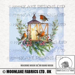Robins On Holiday Lantern  Fabric Craft Panels in 100% Cotton or Polyester